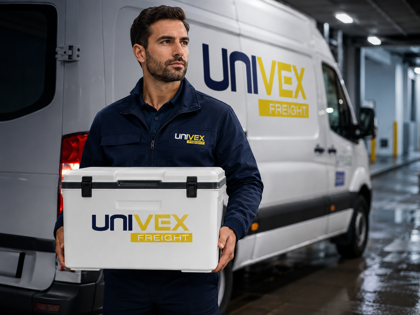 Operatore Univex Freight con cassetta brandizzata in magazzino
