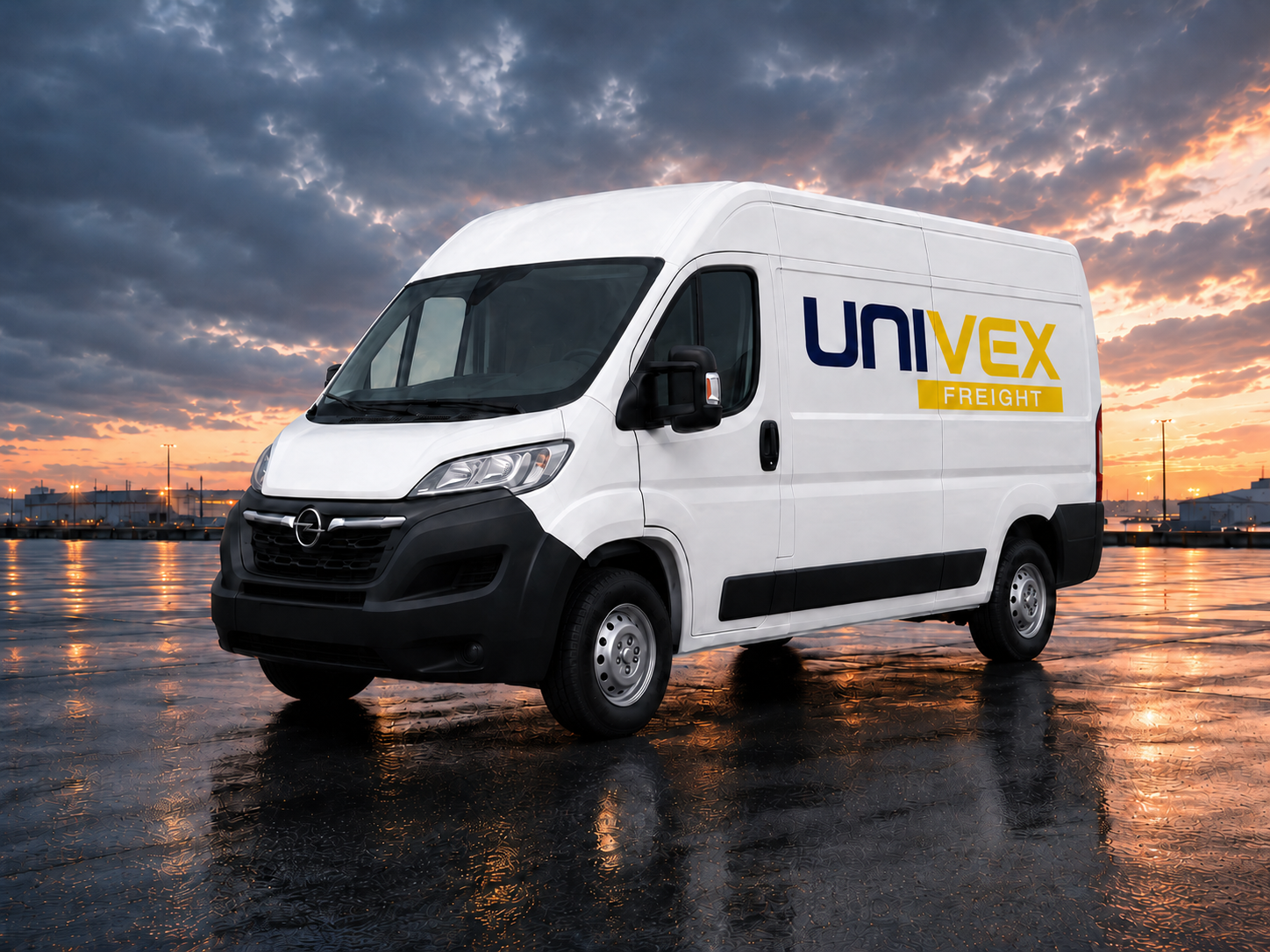 Furgone Univex Freight in area logistica al tramonto